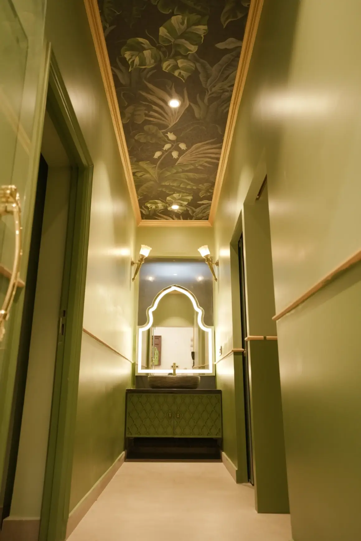 Arched Vanity Corridor & Botanical Ceiling